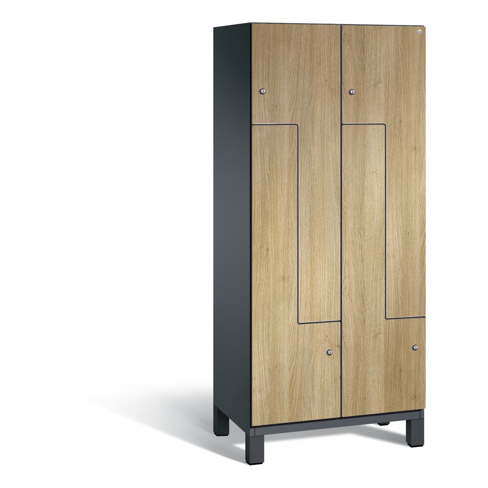 Produktabbildung: C+P Z-Spind Cambio, 2 Abteile, Abteilbreite 400 mm, HxBxT 1980x800x525 mm, RAL 7021 Schwarzgrau, Dekor Eiche Sereno, Füße