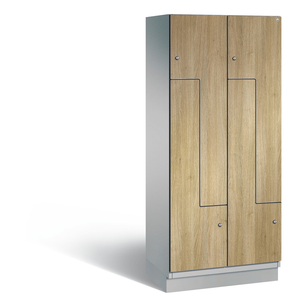 Produktabbildung: C+P Z-Garderobenschrank Cambio, 2 Abteile, Abteilbreite 400 mm, HxBxT 1980x800x525 mm, RAL 9006 Weißaluminium, Dekor Eiche Sereno, Sockel