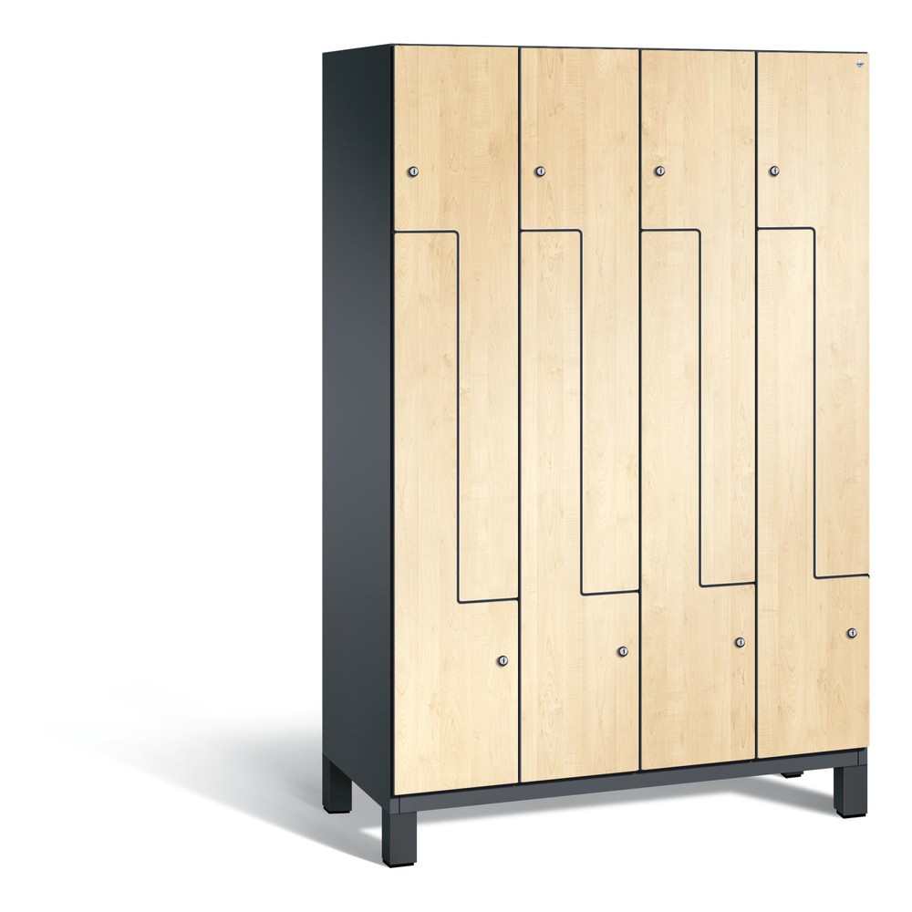 Produktabbildung: C+P Z-Spind Cambio, 4 Abteile, Abteilbreite 400 mm, HxBxT 1980x1200x525 mm, RAL 7021 Schwarzgrau, Dekor Donau-Ahorn, Füße