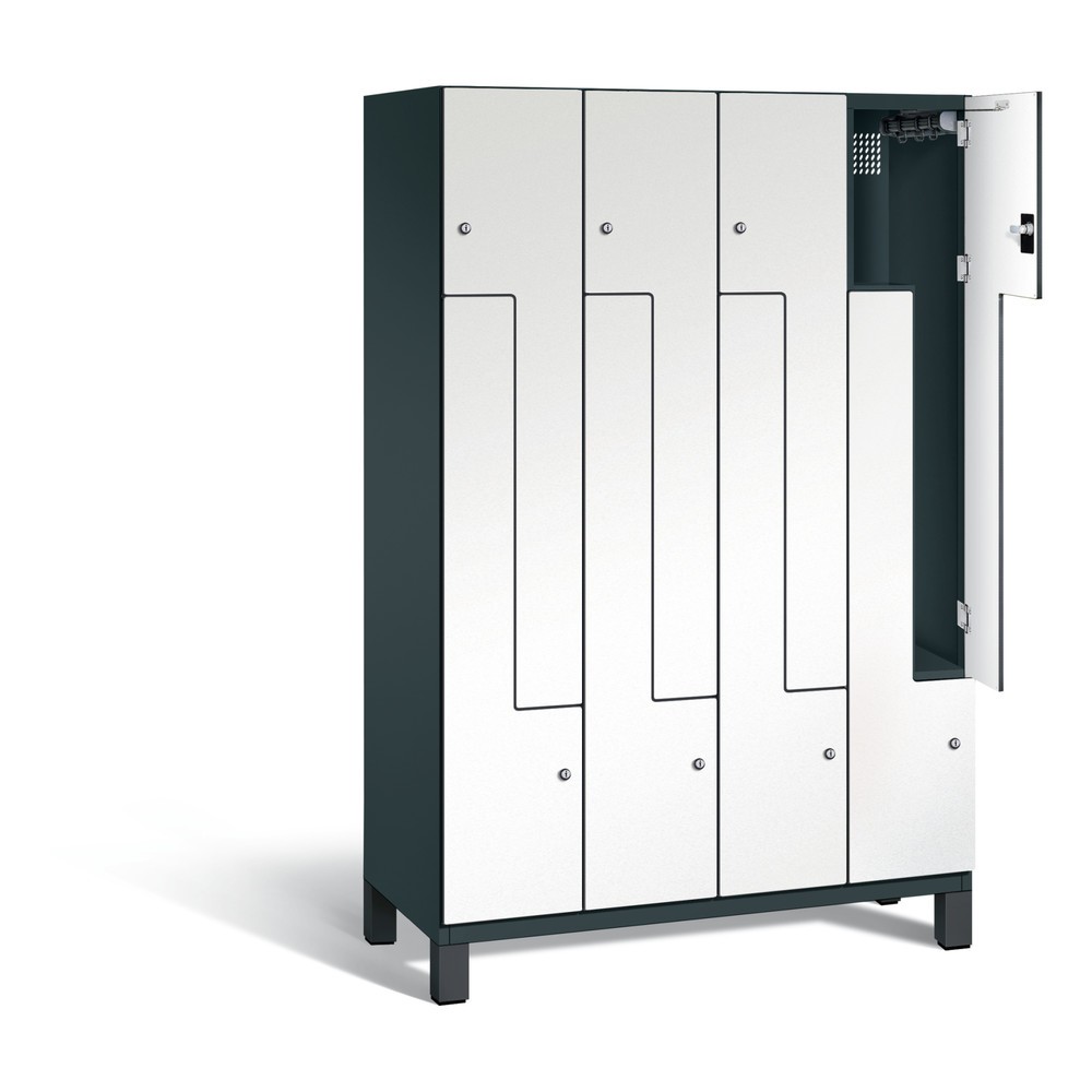 Produktabbildung: C+P Z-Spind Cambio, 4 Abteile, Abteilbreite 400 mm, HxBxT 1980x1200x525 mm, RAL 7016 Anthrazitgrau, Dekor Weiß, Füße