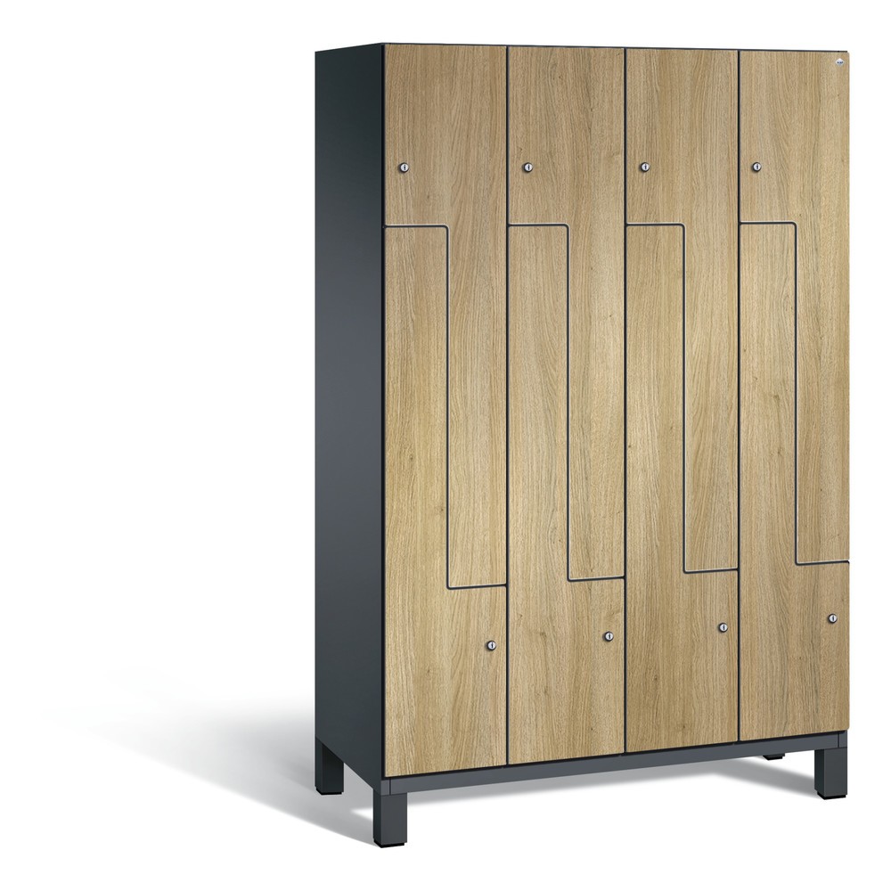 Produktabbildung: C+P Z-Spind Cambio, 4 Abteile, Abteilbreite 400 mm, HxBxT 1980x1200x525 mm, RAL 7021 Schwarzgrau, Dekor Eiche Sereno, Füße