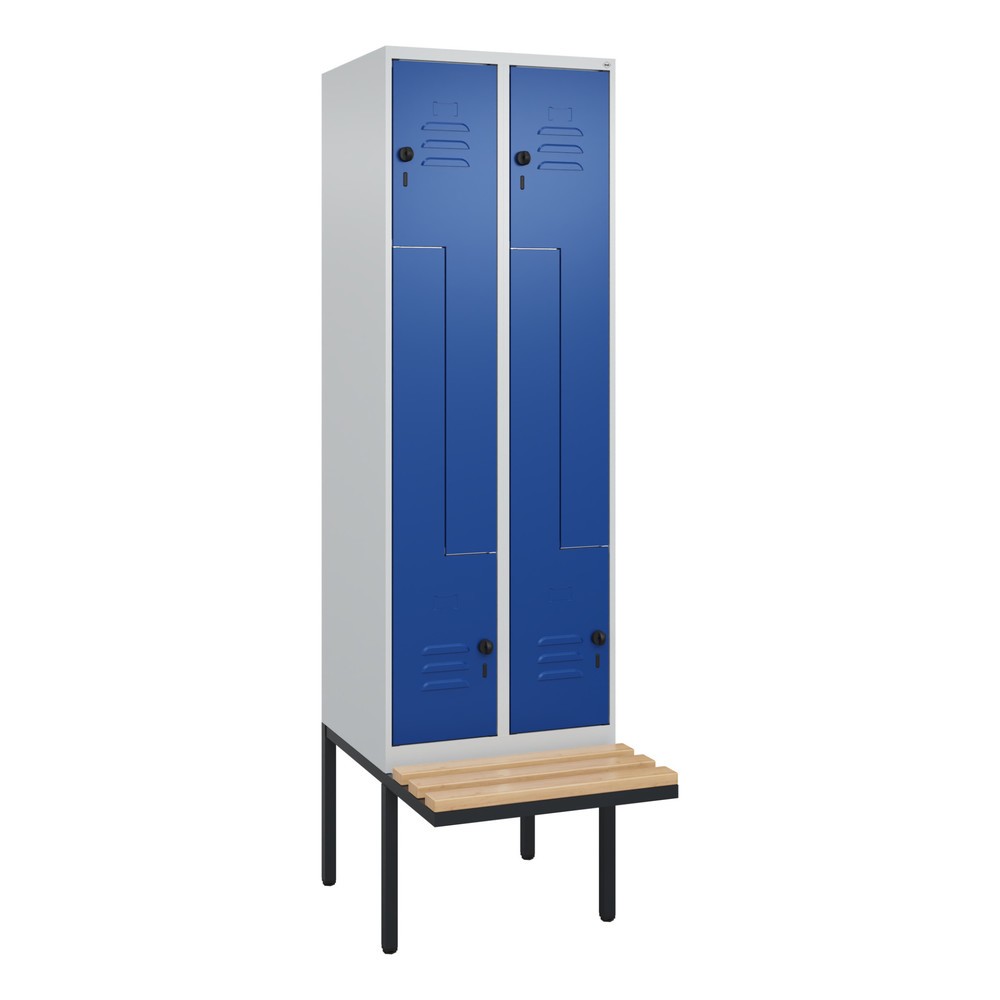 Produktabbildung: C+P Z-Spind Classic PLUS, 4 Abteile, HxBxT 2.120 x 600 x 815 mm, für Vorhängeschloss, auskragende Bank aus Buche, lichtgrau, enzianblau