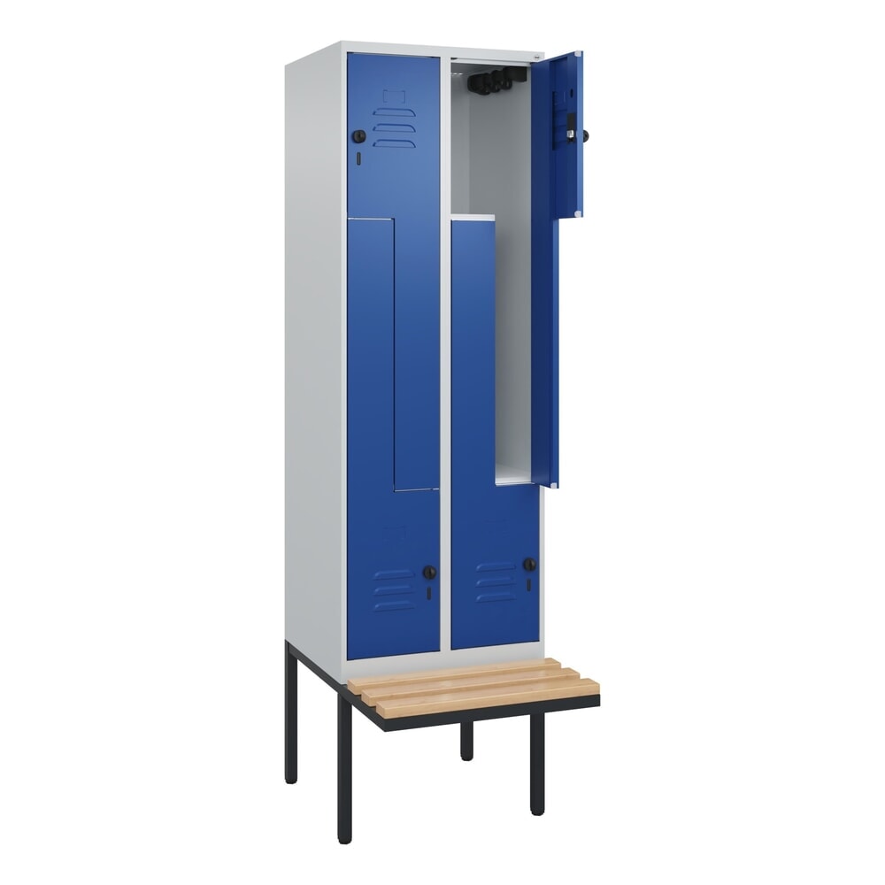 Produktabbildung: C+P Z-Spind Classic PLUS, 4 Abteile, HxBxT 2.120 x 600 x 815 mm, für Vorhängeschloss, auskragende Bank aus Buche, lichtgrau, enzianblau