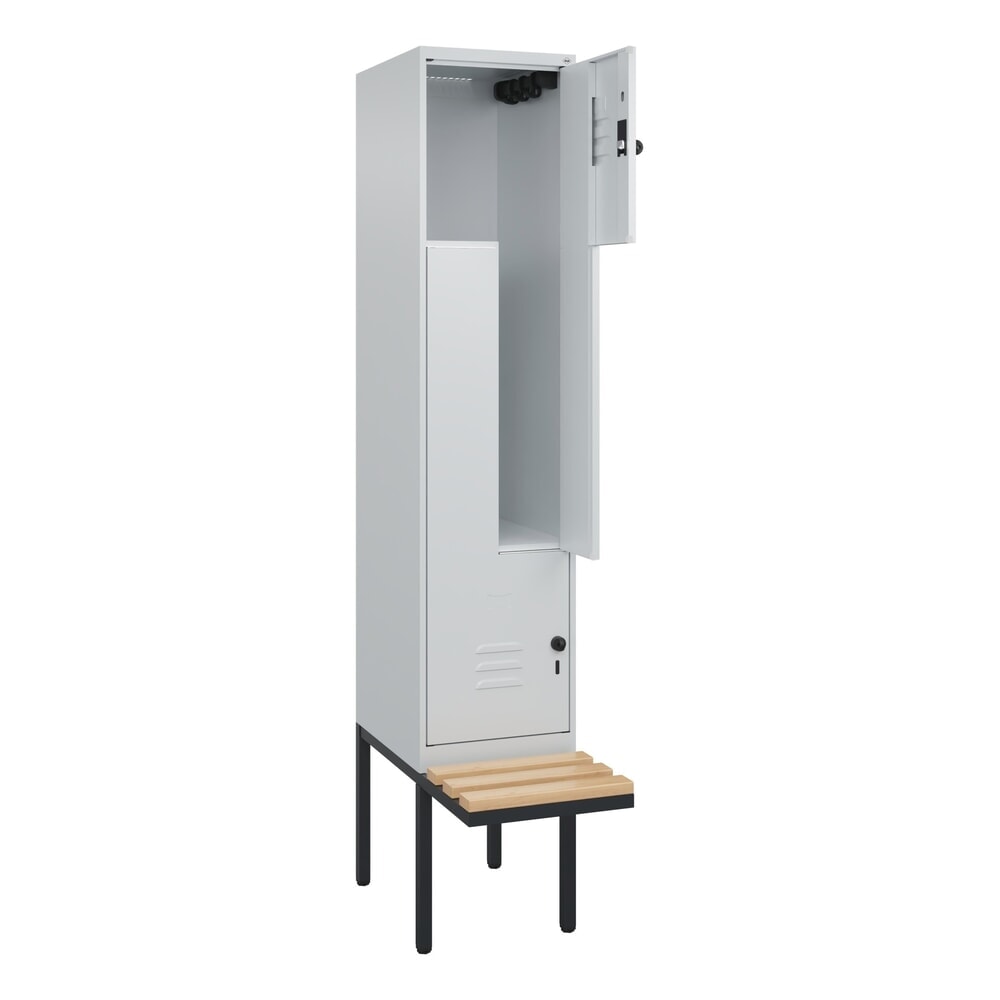 C+P Z-Spind Classic PLUS, 2 Abteile, HxBxT 2.120 x 400 x 815 mm, für Vorhängeschloss, auskragende Bank aus Buche, lichtgrau, lichtgrau Produktabbildung: C+P Z-Spind Classic PLUS, 2 Abteile, HxBxT 2.120 x 400 x 815 mm, für Vorhängeschloss, auskragende Bank aus Buche, lichtgrau, lichtgrau
