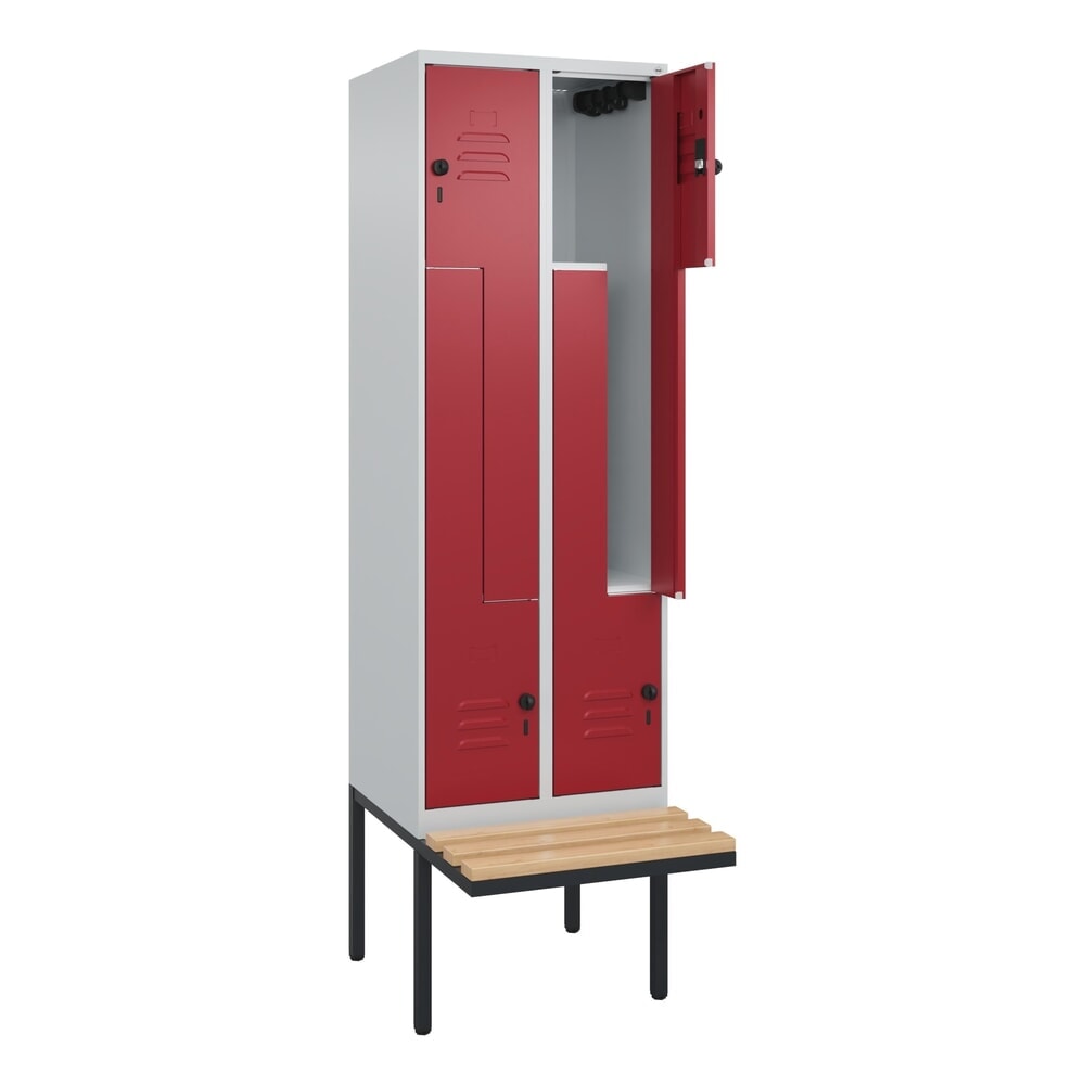 C+P Z-Spind Classic PLUS, 4 Abteile, HxBxT 2.120 x 600 x 815 mm, für Vorhängeschloss, auskragende Bank aus Buche, lichtgrau, rubinrot Produktabbildung Nr. 1: C+P Z-Spind Classic PLUS, 4 Abteile, HxBxT 2.120 x 600 x 815 mm, für Vorhängeschloss, auskragende Bank aus Buche, lichtgrau, rubinrot