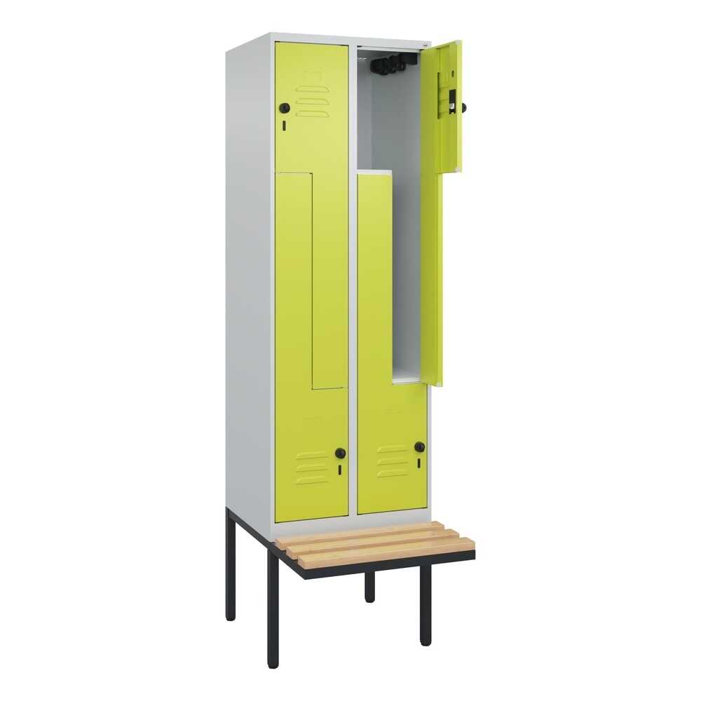 C+P Z-Spind Classic PLUS, 4 Abteile, HxBxT 2.120 x 600 x 815 mm, für Vorhängeschloss, auskragende Bank aus Buche, lichtgrau, clowngrün Produktabbildung Nr. 1: C+P Z-Spind Classic PLUS, 4 Abteile, HxBxT 2.120 x 600 x 815 mm, für Vorhängeschloss, auskragende Bank aus Buche, lichtgrau, clowngrün