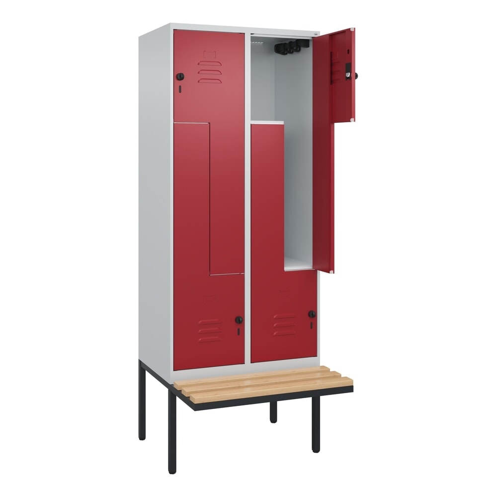 C+P Z-Spind Classic PLUS, 4 Abteile, HxBxT 2.120 x 800 x 815 mm, für Vorhängeschloss, auskragende Bank aus Buche, lichtgrau, rubinrot Produktabbildung: C+P Z-Spind Classic PLUS, 4 Abteile, HxBxT 2.120 x 800 x 815 mm, für Vorhängeschloss, auskragende Bank aus Buche, lichtgrau, rubinrot