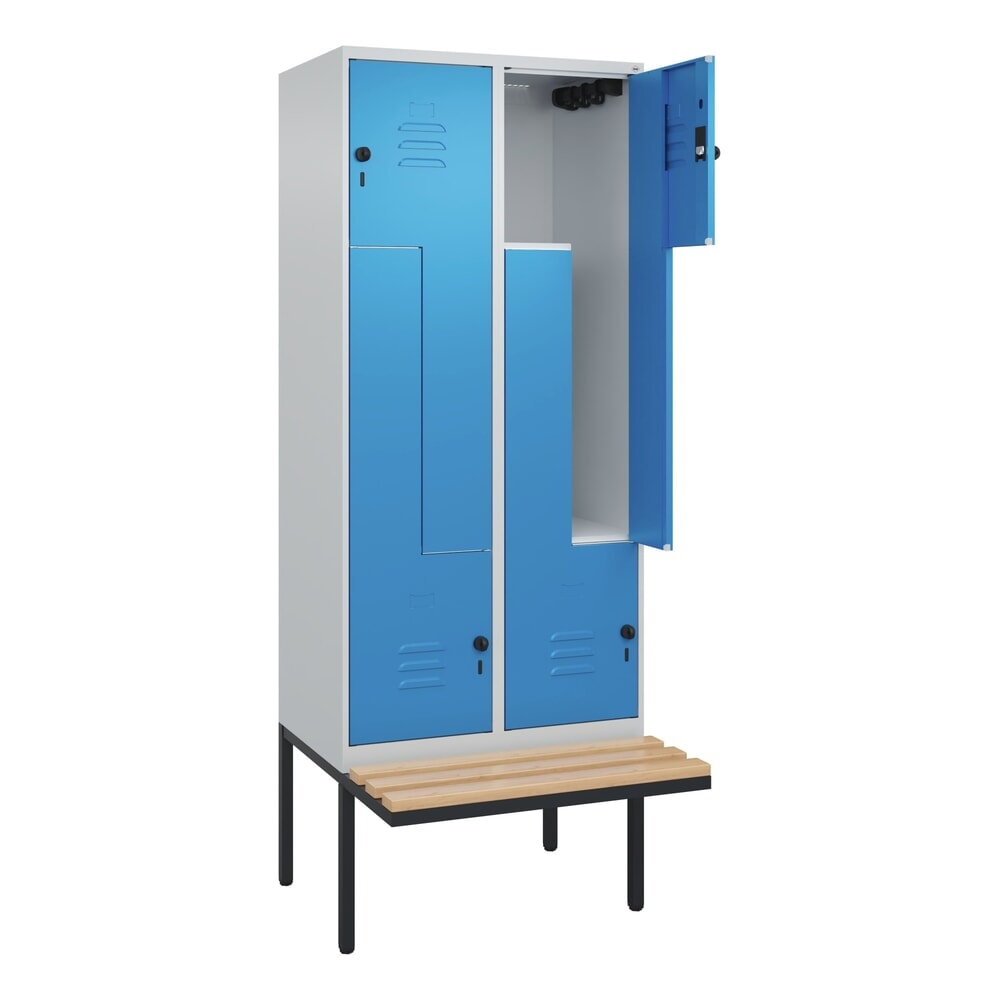 C+P Z-Spind Classic PLUS, 4 Abteile, HxBxT 2.120 x 800 x 815 mm, für Vorhängeschloss, auskragende Bank aus Buche, lichtgrau, lichtblau Produktabbildung Nr. 1: C+P Z-Spind Classic PLUS, 4 Abteile, HxBxT 2.120 x 800 x 815 mm, für Vorhängeschloss, auskragende Bank aus Buche, lichtgrau, lichtblau