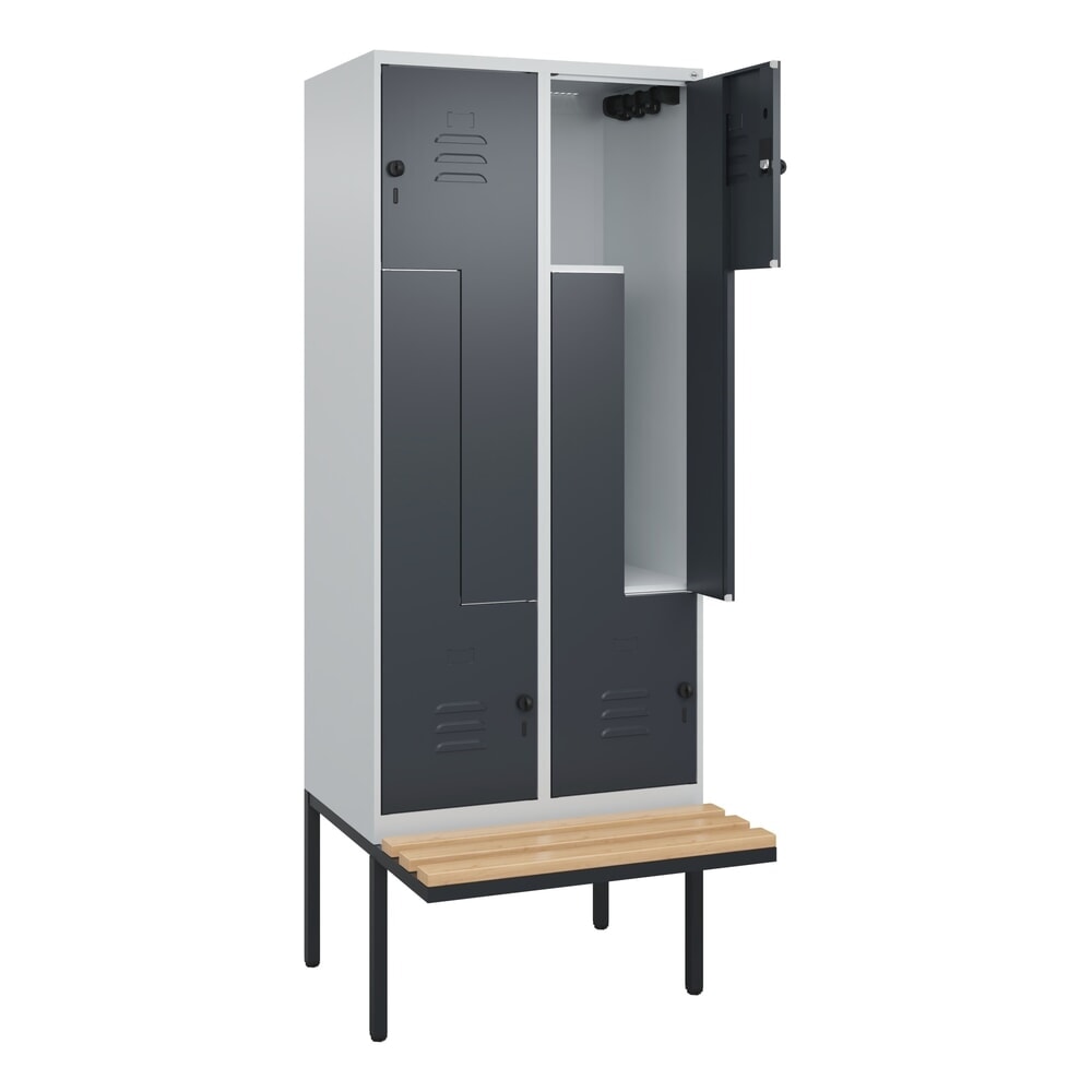 C+P Z-Spind Classic PLUS, 4 Abteile, HxBxT 2.120 x 800 x 815 mm, für Vorhängeschloss, auskragende Bank aus Buche, lichtgrau, anthrazitgrau Produktabbildung: C+P Z-Spind Classic PLUS, 4 Abteile, HxBxT 2.120 x 800 x 815 mm, für Vorhängeschloss, auskragende Bank aus Buche, lichtgrau, anthrazitgrau