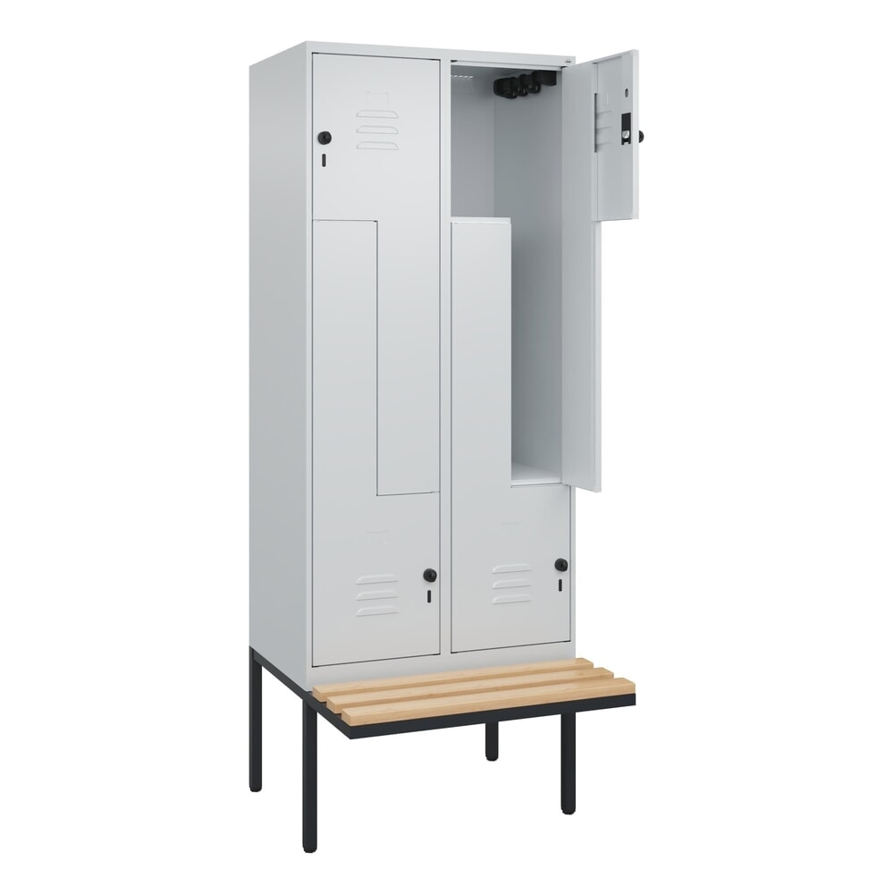 C+P Z-Spind Classic PLUS, 4 Abteile, HxBxT 2.120 x 800 x 815 mm, für Vorhängeschloss, auskragende Bank aus Buche, lichtgrau, lichtgrau Produktabbildung: C+P Z-Spind Classic PLUS, 4 Abteile, HxBxT 2.120 x 800 x 815 mm, für Vorhängeschloss, auskragende Bank aus Buche, lichtgrau, lichtgrau