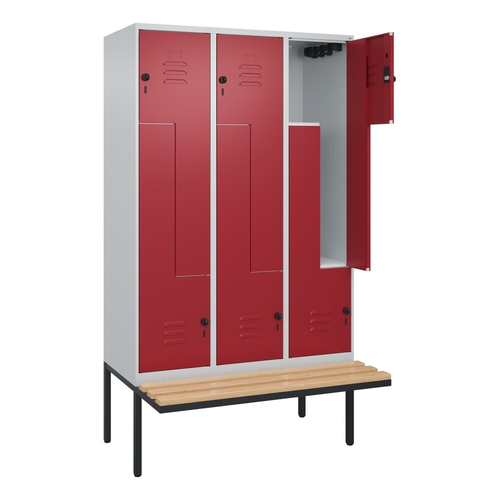C+P Z-Spind Classic PLUS, 6 Abteile, HxBxT 2.120 x 1.200 x 815 mm, für Vorhängeschloss, auskragende Bank aus Buche, lichtgrau, rubinrot Produktabbildung: C+P Z-Spind Classic PLUS, 6 Abteile, HxBxT 2.120 x 1.200 x 815 mm, für Vorhängeschloss, auskragende Bank aus Buche, lichtgrau, rubinrot