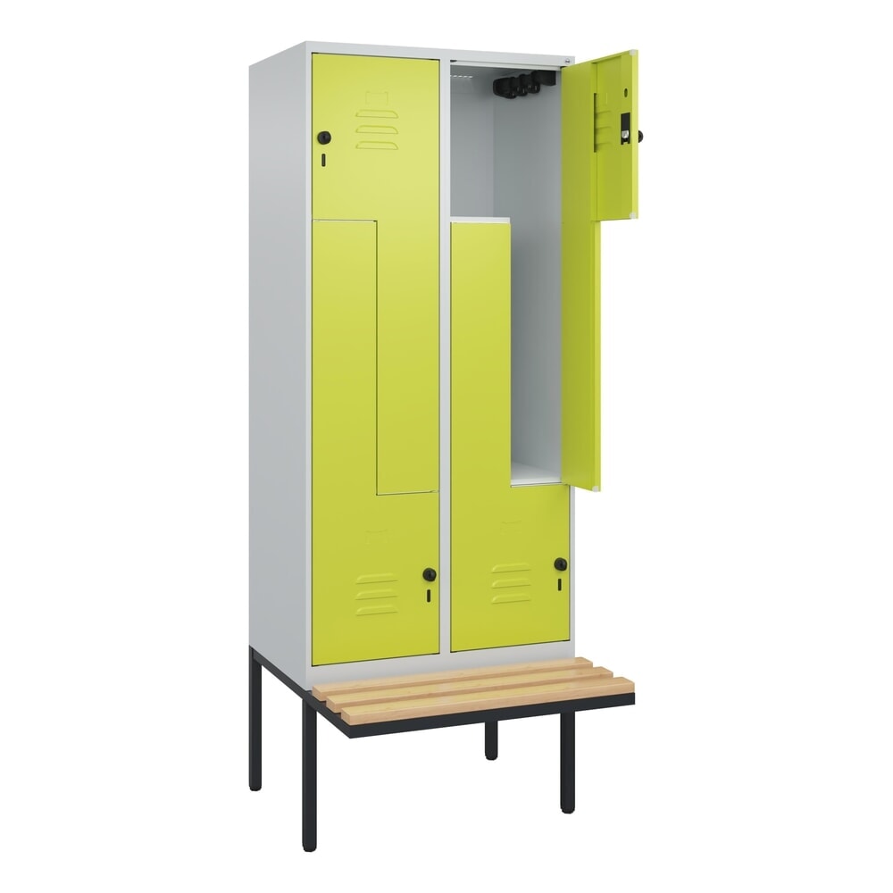 C+P Z-Spind Classic PLUS, 4 Abteile, HxBxT 2.120 x 800 x 815 mm, für Vorhängeschloss, auskragende Bank aus Buche, lichtgrau, clowngrün Produktabbildung: C+P Z-Spind Classic PLUS, 4 Abteile, HxBxT 2.120 x 800 x 815 mm, für Vorhängeschloss, auskragende Bank aus Buche, lichtgrau, clowngrün