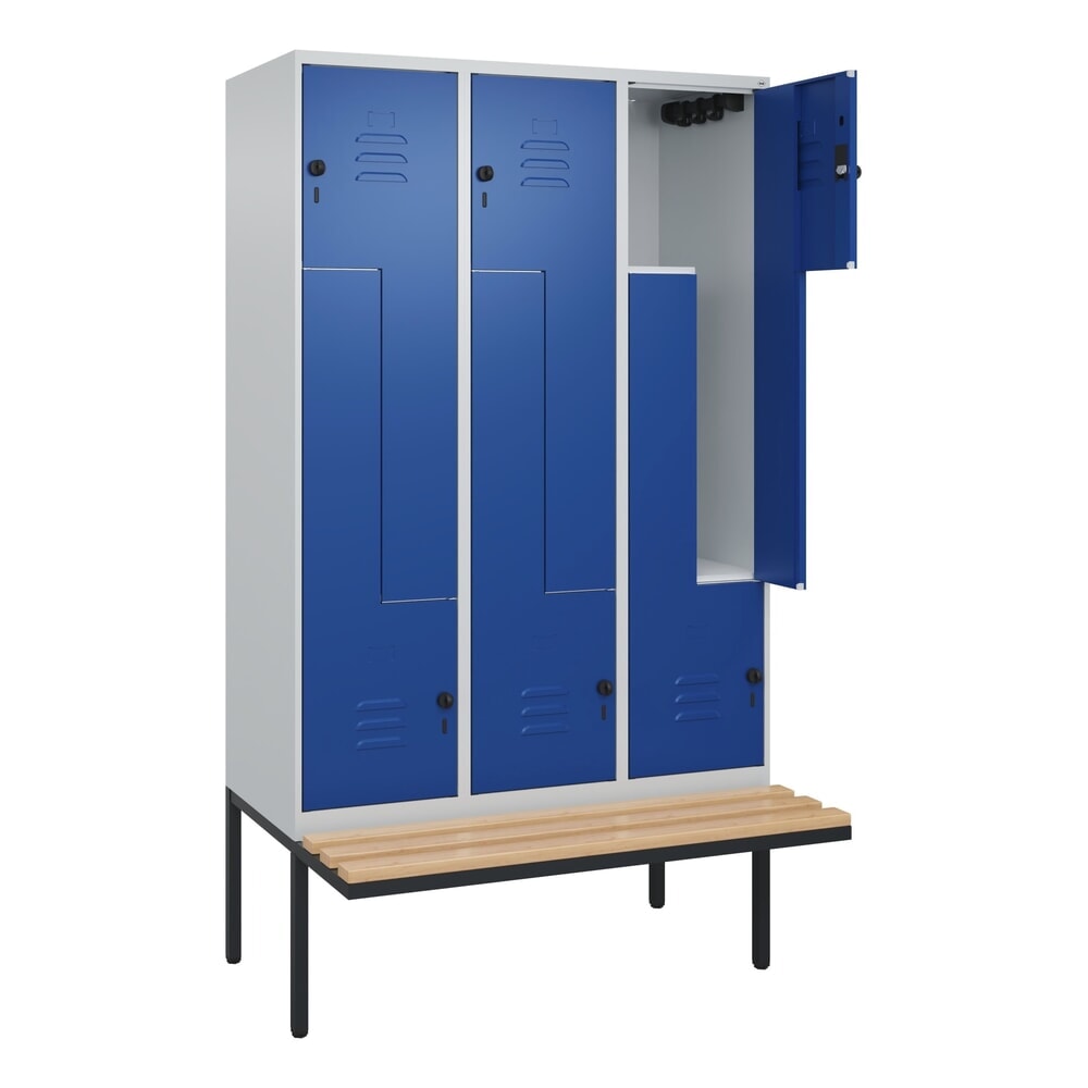 C+P Z-Spind Classic PLUS, 6 Abteile, HxBxT 2.120 x 1.200 x 815 mm, für Vorhängeschloss, auskragende Bank aus Buche, lichtgrau, enzianblau Produktabbildung: C+P Z-Spind Classic PLUS, 6 Abteile, HxBxT 2.120 x 1.200 x 815 mm, für Vorhängeschloss, auskragende Bank aus Buche, lichtgrau, enzianblau