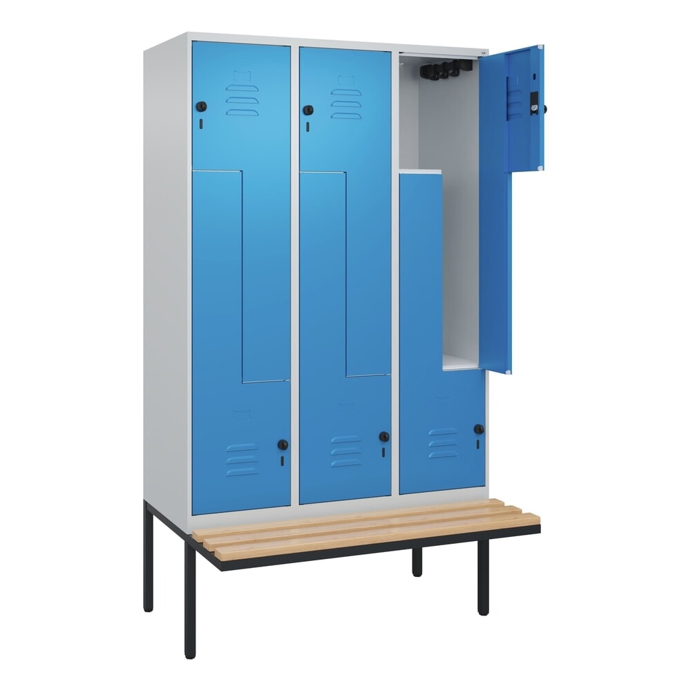 C+P Z-Spind Classic PLUS, 6 Abteile, HxBxT 2.120 x 1.200 x 815 mm, für Vorhängeschloss, auskragende Bank aus Buche, lichtgrau, lichtblau Produktabbildung: C+P Z-Spind Classic PLUS, 6 Abteile, HxBxT 2.120 x 1.200 x 815 mm, für Vorhängeschloss, auskragende Bank aus Buche, lichtgrau, lichtblau