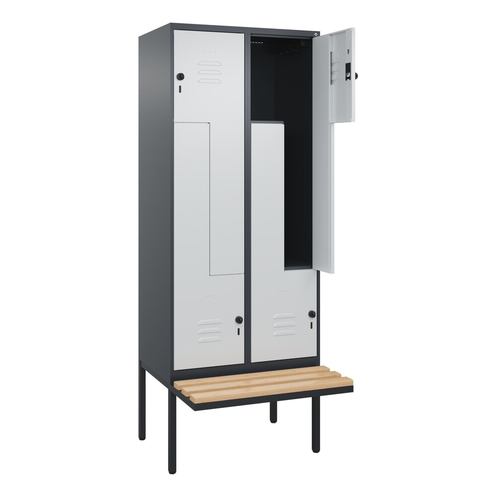 C+P Z-Spind Classic PLUS, 4 Abteile, HxBxT 2.120 x 800 x 815 mm, für Vorhängeschloss, auskragende Bank aus Buche, anthrazitgrau, lichtgrau Produktabbildung: C+P Z-Spind Classic PLUS, 4 Abteile, HxBxT 2.120 x 800 x 815 mm, für Vorhängeschloss, auskragende Bank aus Buche, anthrazitgrau, lichtgrau