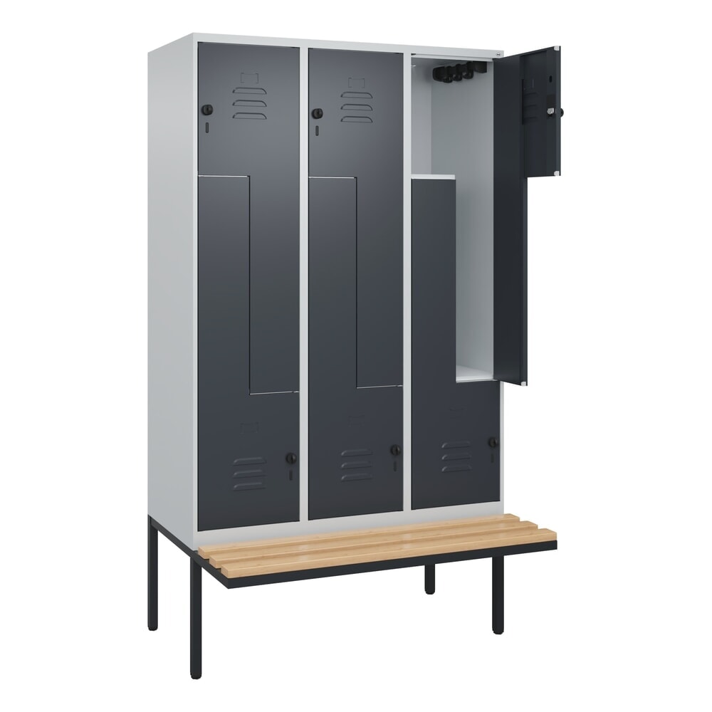 C+P Z-Spind Classic PLUS, 6 Abteile, HxBxT 2.120 x 1.200 x 815 mm, für Vorhängeschloss, auskragende Bank aus Buche, lichtgrau, anthrazitgrau Produktabbildung: C+P Z-Spind Classic PLUS, 6 Abteile, HxBxT 2.120 x 1.200 x 815 mm, für Vorhängeschloss, auskragende Bank aus Buche, lichtgrau, anthrazitgrau