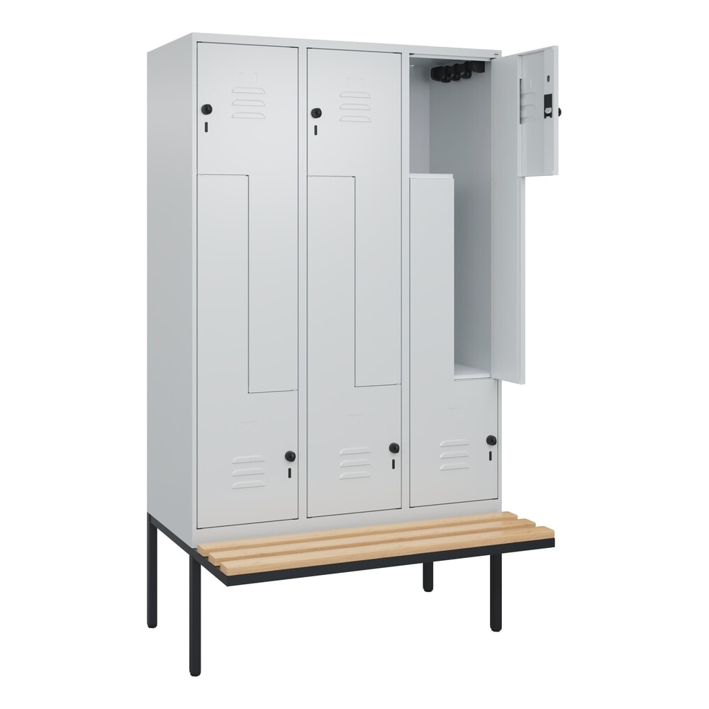 C+P Z-Spind Classic PLUS, 6 Abteile, HxBxT 2.120 x 1.200 x 815 mm, für Vorhängeschloss, auskragende Bank aus Buche, lichtgrau, lichtgrau Produktabbildung: C+P Z-Spind Classic PLUS, 6 Abteile, HxBxT 2.120 x 1.200 x 815 mm, für Vorhängeschloss, auskragende Bank aus Buche, lichtgrau, lichtgrau