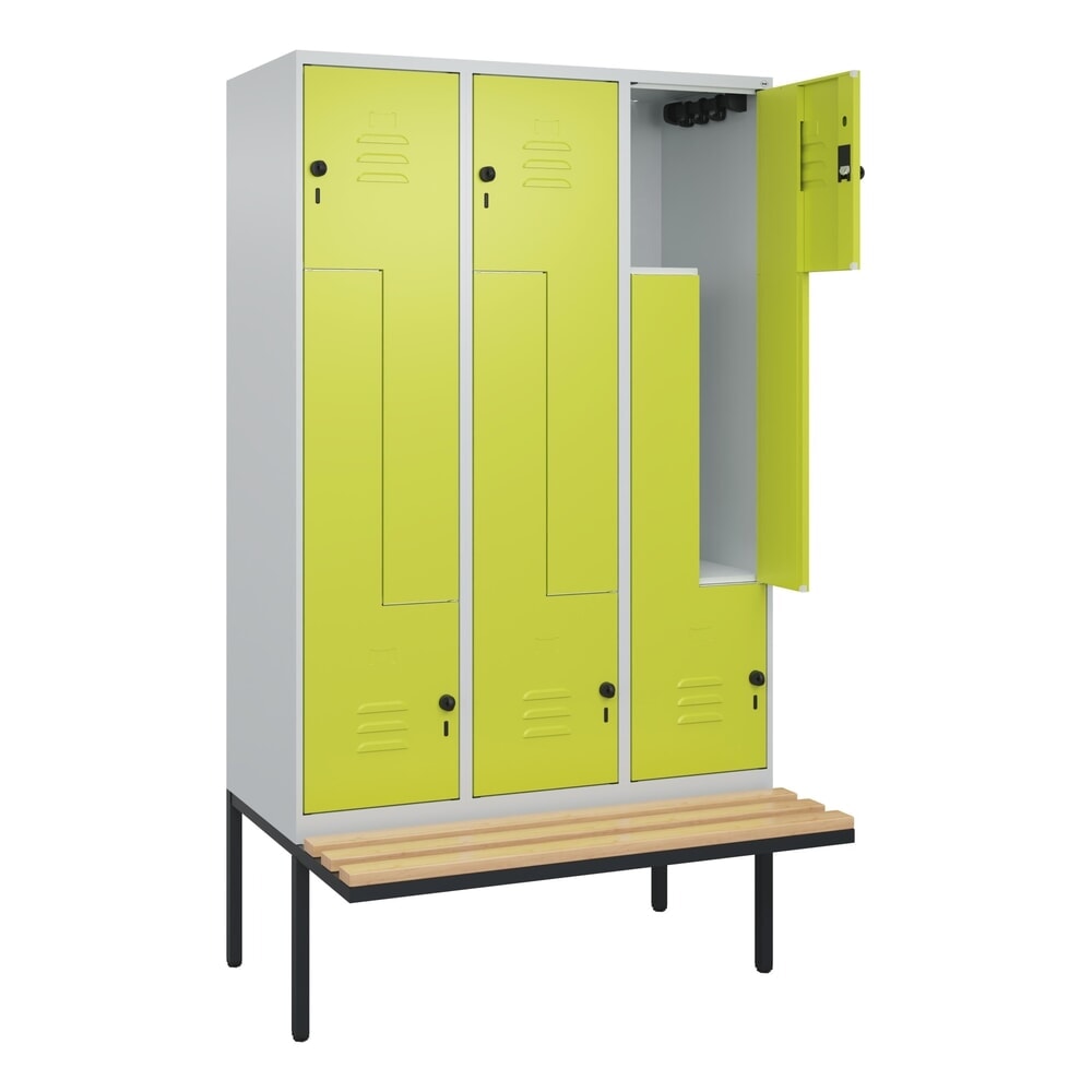 C+P Z-Spind Classic PLUS, 6 Abteile, HxBxT 2.120 x 1.200 x 815 mm, für Vorhängeschloss, auskragende Bank aus Buche, lichtgrau, clowngrün Produktabbildung: C+P Z-Spind Classic PLUS, 6 Abteile, HxBxT 2.120 x 1.200 x 815 mm, für Vorhängeschloss, auskragende Bank aus Buche, lichtgrau, clowngrün