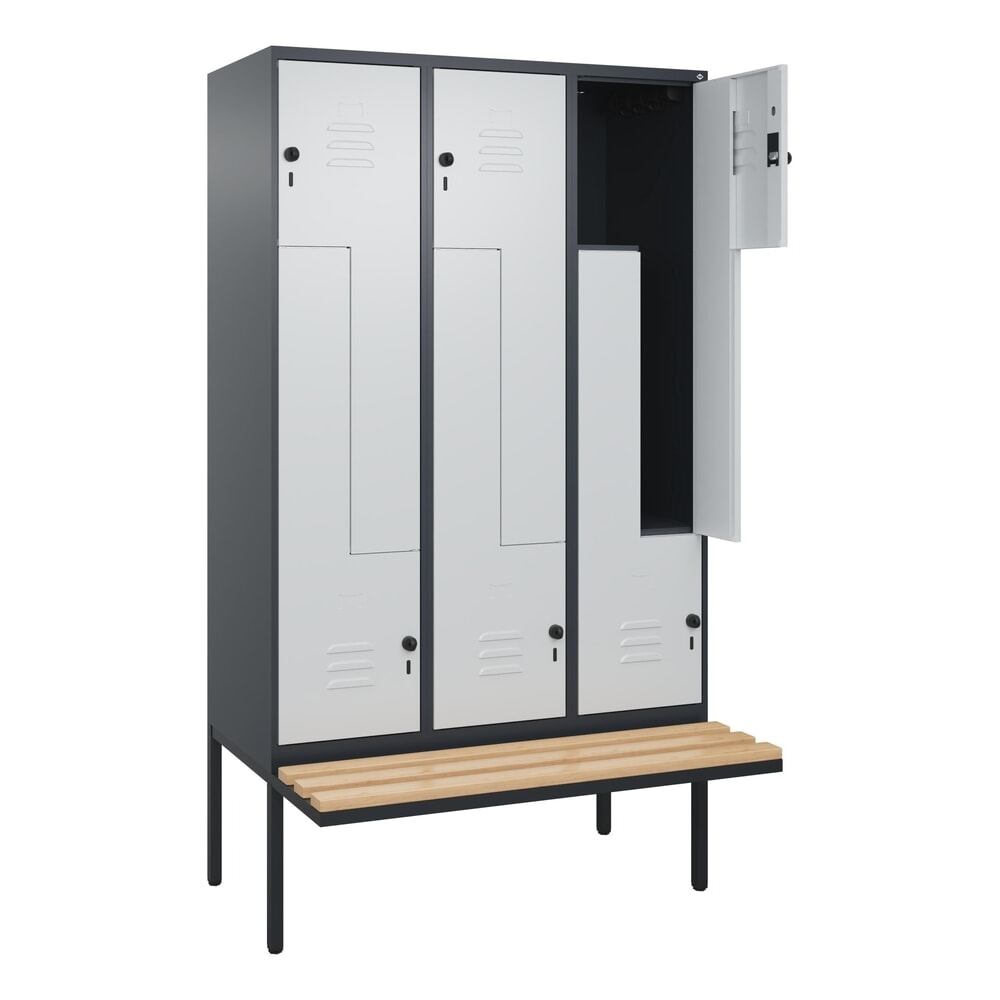 C+P Z-Spind Classic PLUS, 6 Abteile, HxBxT 2.120 x 1.200 x 815 mm, für Vorhängeschloss, auskragende Bank aus Buche, anthrazitgrau, lichtgrau Produktabbildung: C+P Z-Spind Classic PLUS, 6 Abteile, HxBxT 2.120 x 1.200 x 815 mm, für Vorhängeschloss, auskragende Bank aus Buche, anthrazitgrau, lichtgrau