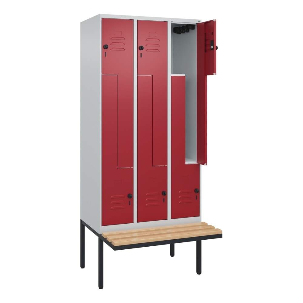 C+P Z-Spind Classic PLUS, 6 Abteile, HxBxT 2.120 x 900 x 815 mm, für Vorhängeschloss, auskragende Bank aus Buche, lichtgrau, rubinrot Produktabbildung Nr. 1: C+P Z-Spind Classic PLUS, 6 Abteile, HxBxT 2.120 x 900 x 815 mm, für Vorhängeschloss, auskragende Bank aus Buche, lichtgrau, rubinrot