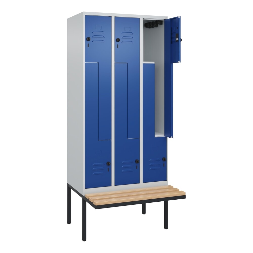 C+P Z-Spind Classic PLUS, 6 Abteile, HxBxT 2.120 x 900 x 815 mm, für Vorhängeschloss, auskragende Bank aus Buche, lichtgrau, enzianblau Produktabbildung Nr. 1: C+P Z-Spind Classic PLUS, 6 Abteile, HxBxT 2.120 x 900 x 815 mm, für Vorhängeschloss, auskragende Bank aus Buche, lichtgrau, enzianblau