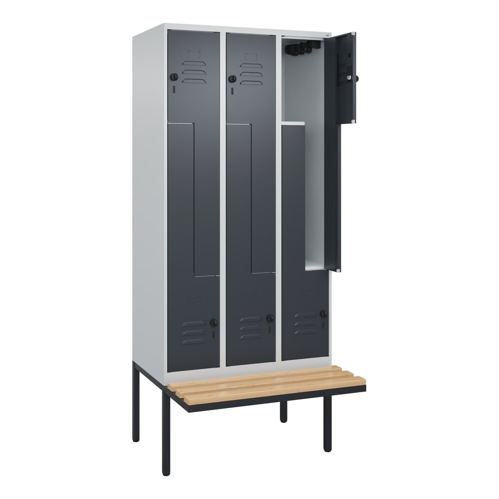 C+P Z-Spind Classic PLUS, 6 Abteile, HxBxT 2.120 x 900 x 815 mm, für Vorhängeschloss, auskragende Bank aus Buche, lichtgrau, anthrazitgrau Produktabbildung Nr. 1: C+P Z-Spind Classic PLUS, 6 Abteile, HxBxT 2.120 x 900 x 815 mm, für Vorhängeschloss, auskragende Bank aus Buche, lichtgrau, anthrazitgrau