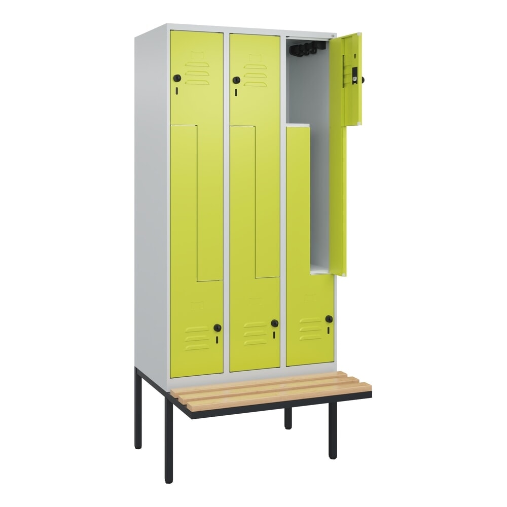 C+P Z-Spind Classic PLUS, 6 Abteile, HxBxT 2.120 x 900 x 815 mm, für Vorhängeschloss, auskragende Bank aus Buche, lichtgrau, clowngrün Produktabbildung Nr. 1: C+P Z-Spind Classic PLUS, 6 Abteile, HxBxT 2.120 x 900 x 815 mm, für Vorhängeschloss, auskragende Bank aus Buche, lichtgrau, clowngrün