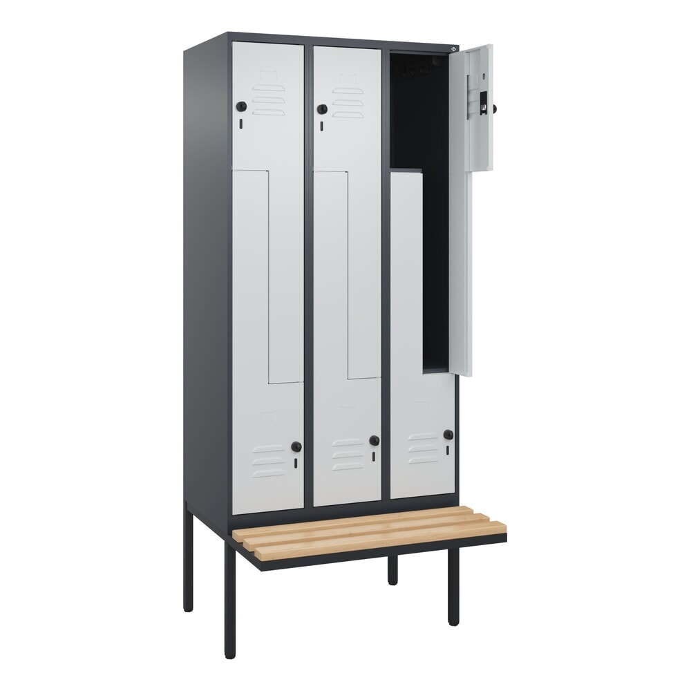 C+P Z-Spind Classic PLUS, 6 Abteile, HxBxT 2.120 x 900 x 815 mm, für Vorhängeschloss, auskragende Bank aus Buche, anthrazitgrau, lichtgrau Produktabbildung Nr. 1: C+P Z-Spind Classic PLUS, 6 Abteile, HxBxT 2.120 x 900 x 815 mm, für Vorhängeschloss, auskragende Bank aus Buche, anthrazitgrau, lichtgrau
