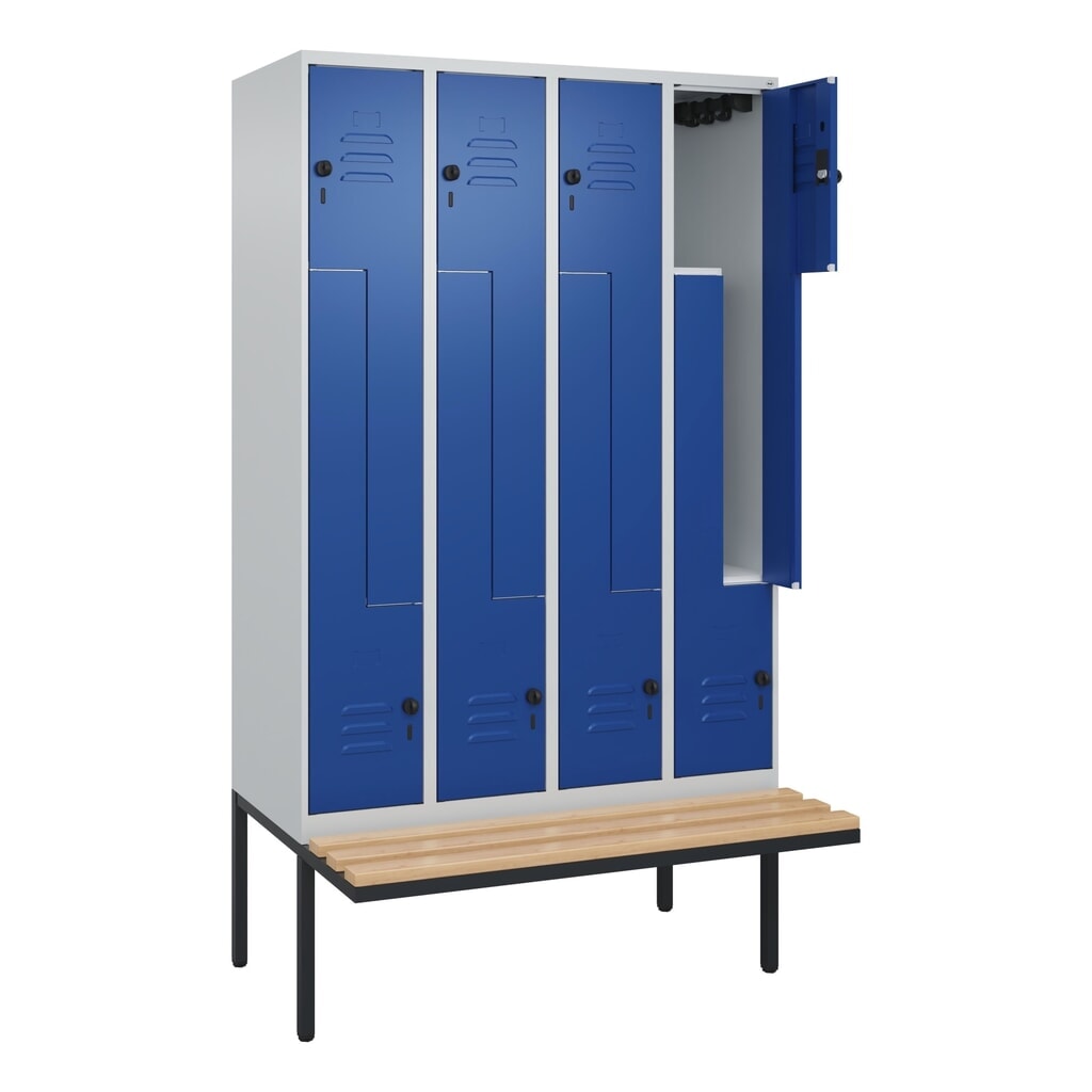Produktabbildung: C+P Z-Spind Classic PLUS, 8 Abteile, HxBxT 2.120 x 1.200 x 815 mm, für Vorhängeschloss, auskragende Bank aus Buche, lichtgrau, enzianblau