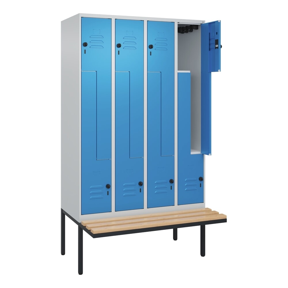 C+P Z-Spind Classic PLUS, 8 Abteile, HxBxT 2.120 x 1.200 x 815 mm, für Vorhängeschloss, auskragende Bank aus Buche, lichtgrau, lichtblau Produktabbildung: C+P Z-Spind Classic PLUS, 8 Abteile, HxBxT 2.120 x 1.200 x 815 mm, für Vorhängeschloss, auskragende Bank aus Buche, lichtgrau, lichtblau