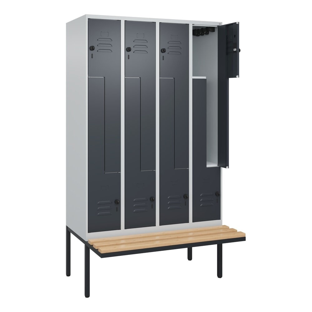 C+P Z-Spind Classic PLUS, 8 Abteile, HxBxT 2.120 x 1.200 x 815 mm, für Vorhängeschloss, auskragende Bank aus Buche, lichtgrau, anthrazitgrau Produktabbildung: C+P Z-Spind Classic PLUS, 8 Abteile, HxBxT 2.120 x 1.200 x 815 mm, für Vorhängeschloss, auskragende Bank aus Buche, lichtgrau, anthrazitgrau