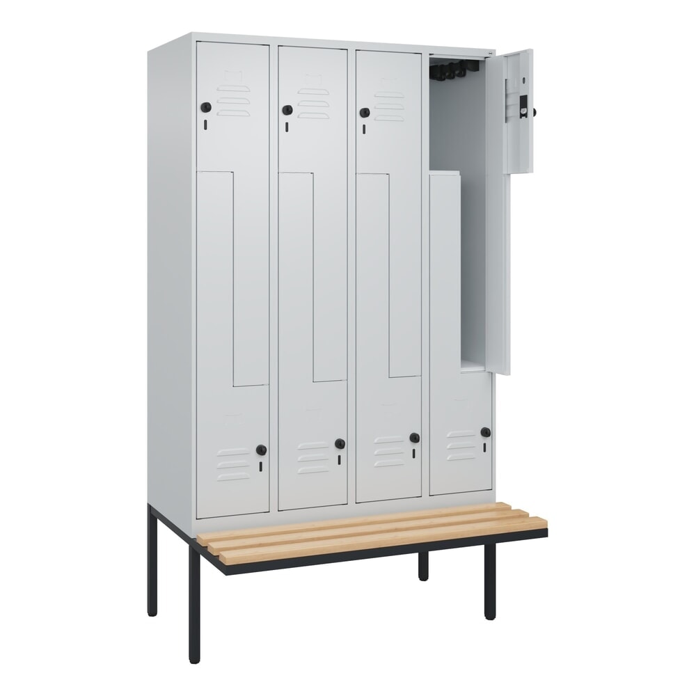 C+P Z-Spind Classic PLUS, 8 Abteile, HxBxT 2.120 x 1.200 x 815 mm, für Vorhängeschloss, auskragende Bank aus Buche, lichtgrau, lichtgrau Produktabbildung: C+P Z-Spind Classic PLUS, 8 Abteile, HxBxT 2.120 x 1.200 x 815 mm, für Vorhängeschloss, auskragende Bank aus Buche, lichtgrau, lichtgrau
