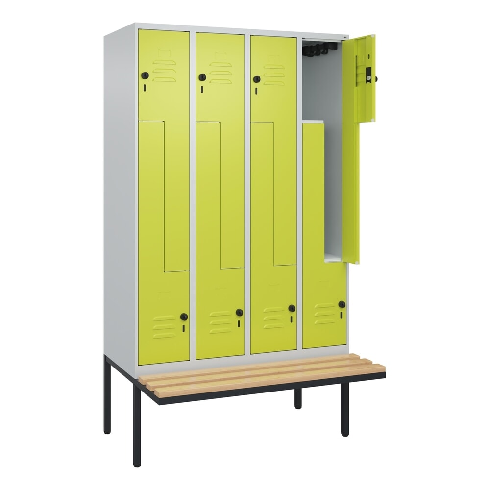 C+P Z-Spind Classic PLUS, 8 Abteile, HxBxT 2.120 x 1.200 x 815 mm, für Vorhängeschloss, auskragende Bank aus Buche, lichtgrau, clowngrün Produktabbildung: C+P Z-Spind Classic PLUS, 8 Abteile, HxBxT 2.120 x 1.200 x 815 mm, für Vorhängeschloss, auskragende Bank aus Buche, lichtgrau, clowngrün