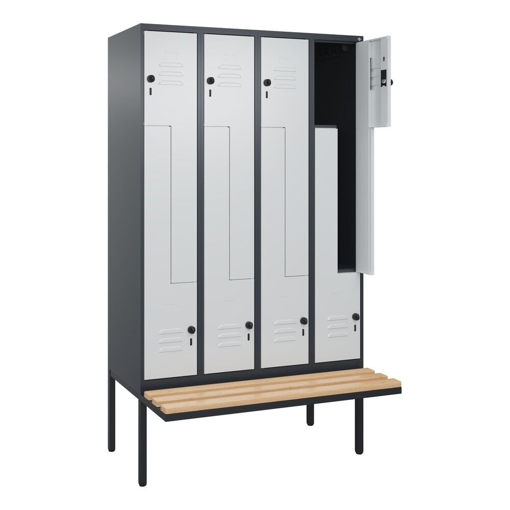C+P Z-Spind Classic PLUS, 8 Abteile, HxBxT 2.120 x 1.200 x 815 mm, für Vorhängeschloss, auskragende Bank aus Buche, anthrazitgrau, lichtgrau Produktabbildung: C+P Z-Spind Classic PLUS, 8 Abteile, HxBxT 2.120 x 1.200 x 815 mm, für Vorhängeschloss, auskragende Bank aus Buche, anthrazitgrau, lichtgrau
