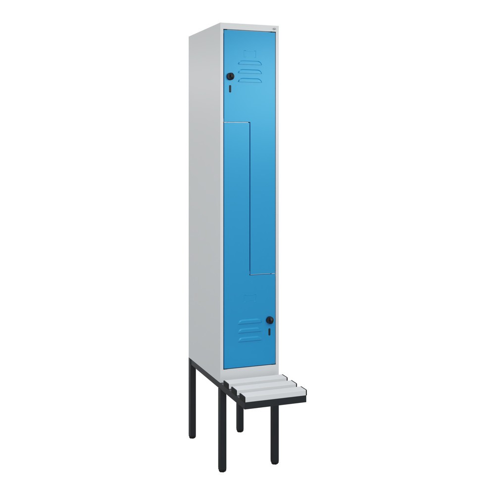 Produktabbildung: C+P Z-Spind Classic PLUS, 2 Abteile, HxBxT 2.120 x 300 x 815 mm, für Vorhängeschloss, auskragende Bank aus Kunststoff, lichtgrau, lichtblau