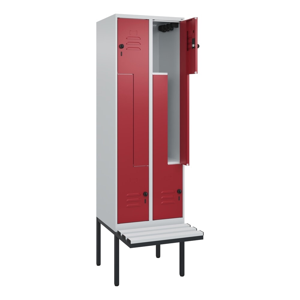 Illustration du produit: C+P Z-Spind Classic PLUS, 4 Abteile, HxBxT 2.120 x 600 x 815 mm, für Vorhängeschloss, auskragende Bank aus Kunststoff, lichtgrau, rubinrot
