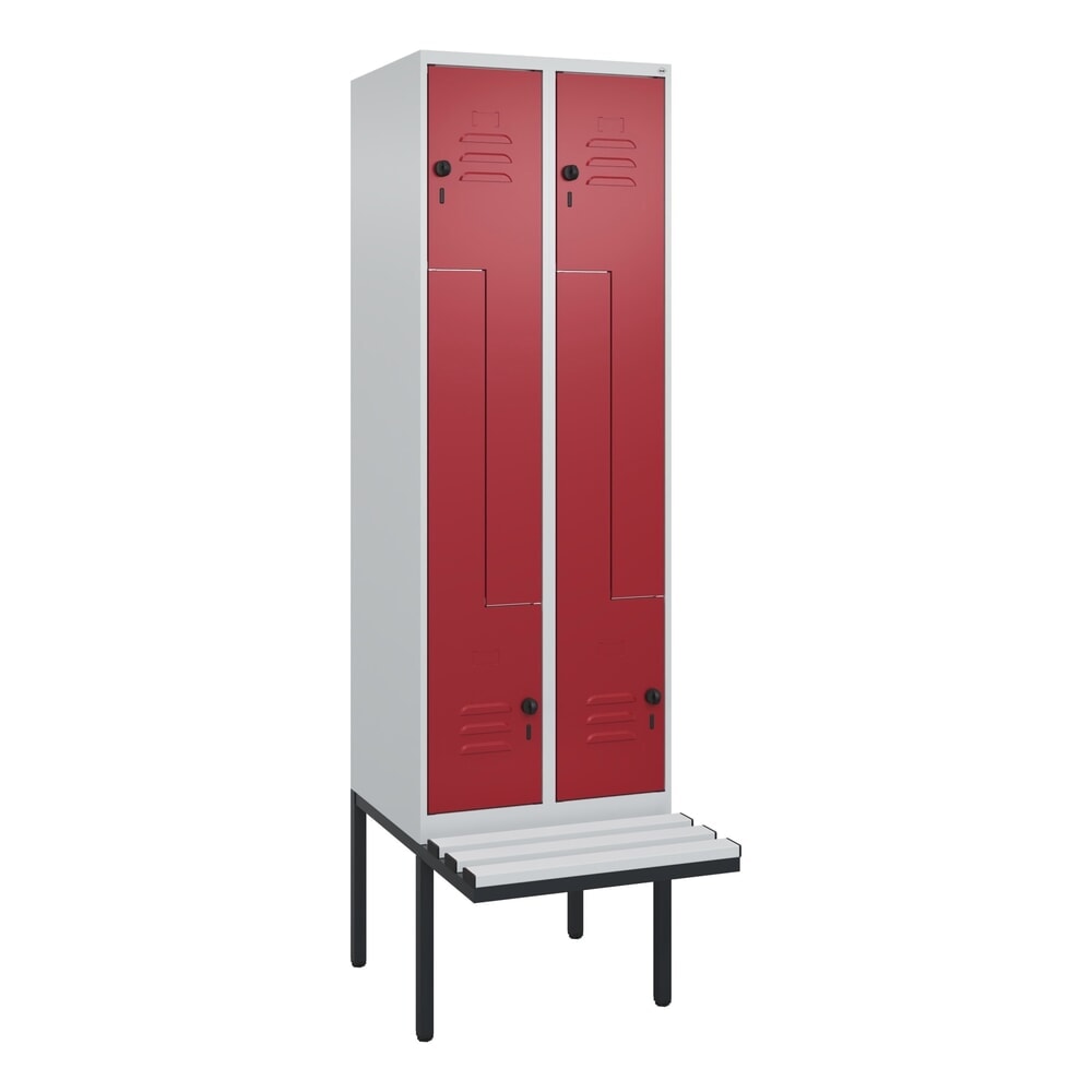 N° de l'image du produit 9 : C+P Z-Spind Classic PLUS, 4 Abteile, HxBxT 2.120 x 600 x 815 mm, für Vorhängeschloss, auskragende Bank aus Kunststoff, lichtgrau, rubinrot