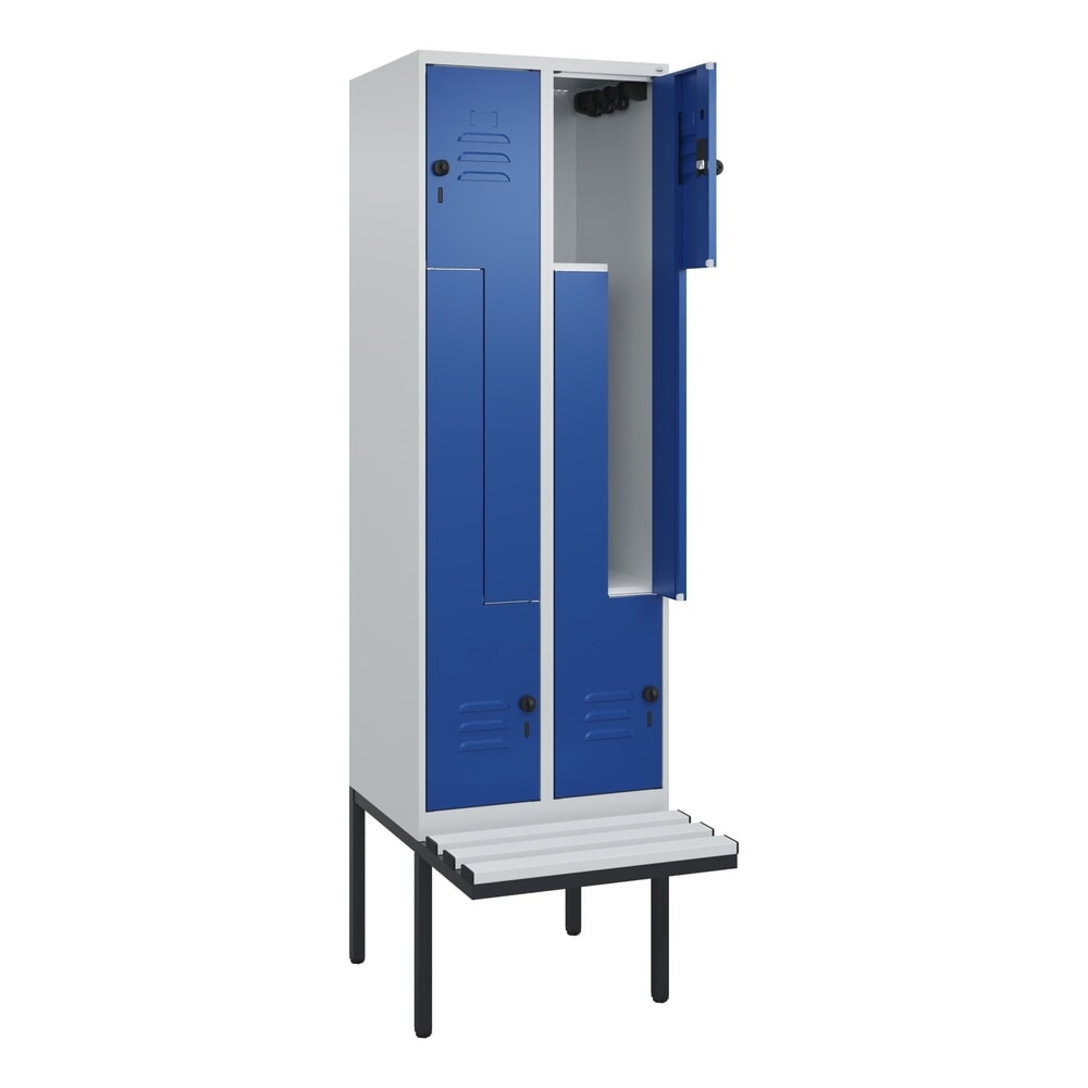 Produktabbildung: C+P Z-Spind Classic PLUS, 4 Abteile, HxBxT 2.120 x 600 x 815 mm, für Vorhängeschloss, auskragende Bank aus Kunststoff, lichtgrau, enzianblau