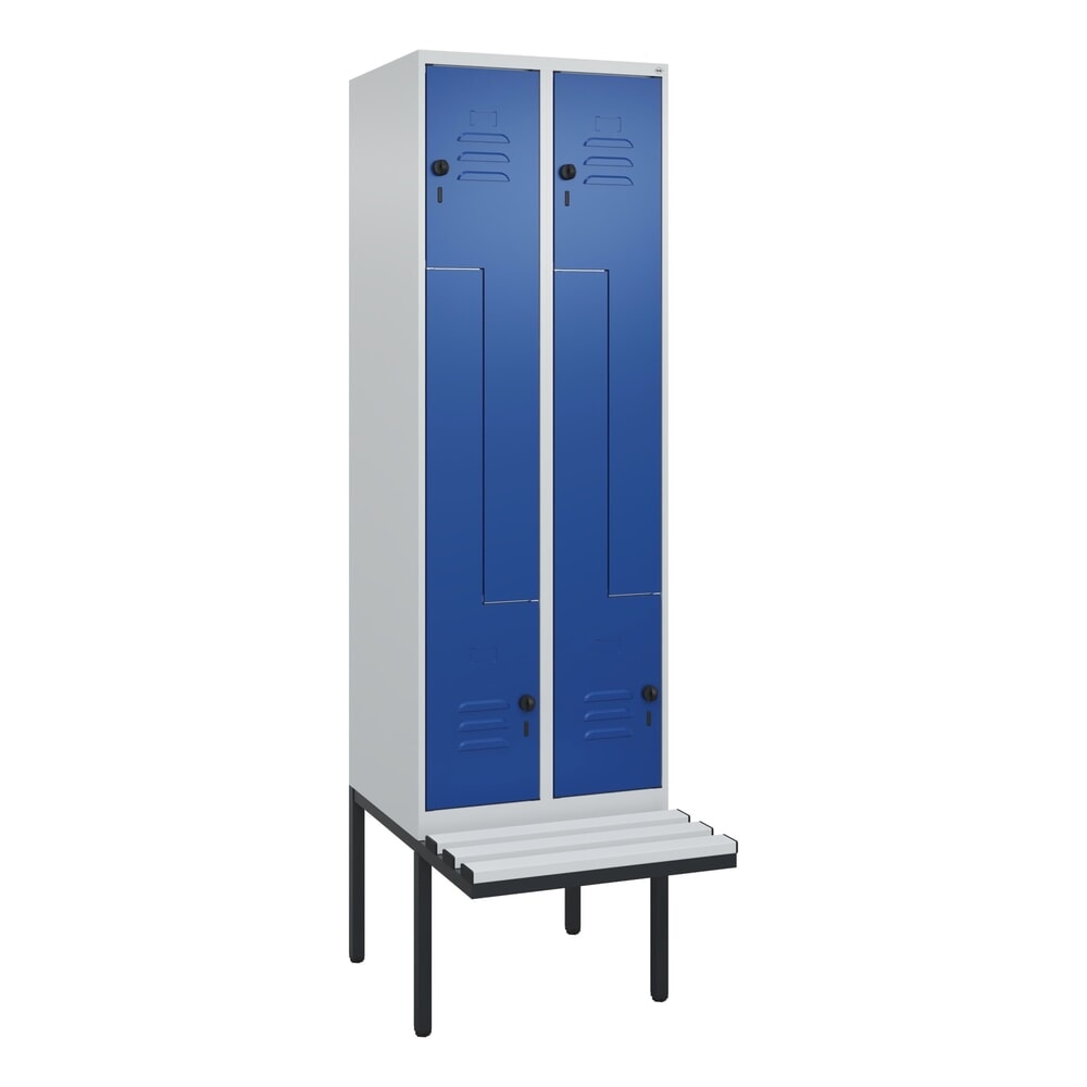 Produktabbildung Nr. 9: C+P Z-Spind Classic PLUS, 4 Abteile, HxBxT 2.120 x 600 x 815 mm, für Vorhängeschloss, auskragende Bank aus Kunststoff, lichtgrau, enzianblau