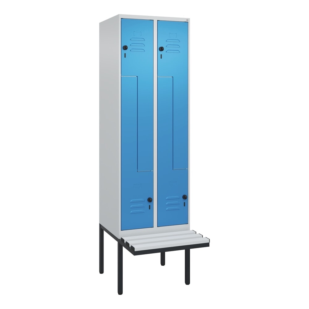 N° de l'image du produit 9 : C+P Z-Spind Classic PLUS, 4 Abteile, HxBxT 2.120 x 600 x 815 mm, für Vorhängeschloss, auskragende Bank aus Kunststoff, lichtgrau, lichtblau