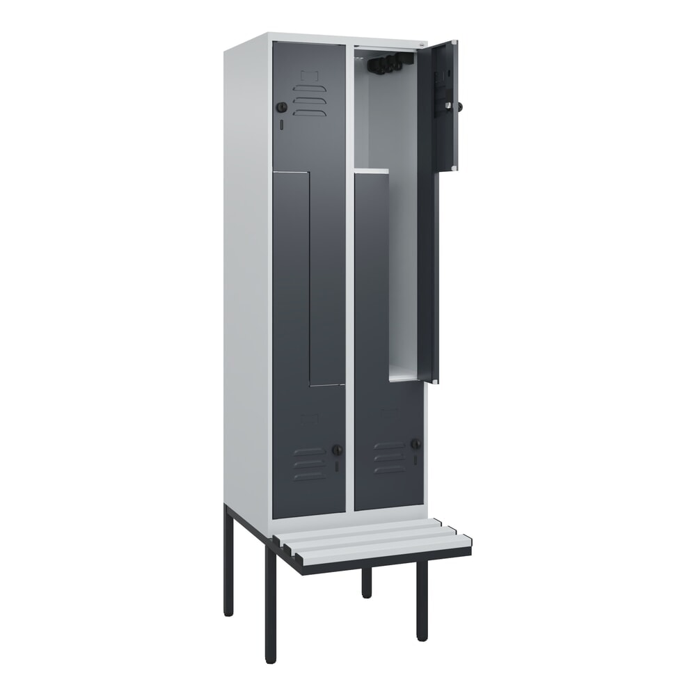 Produktabbildung: C+P Z-Spind Classic PLUS, 4 Abteile, HxBxT 2.120 x 600 x 815 mm, für Vorhängeschloss, auskragende Bank aus Kunststoff, lichtgrau, anthrazitgrau
