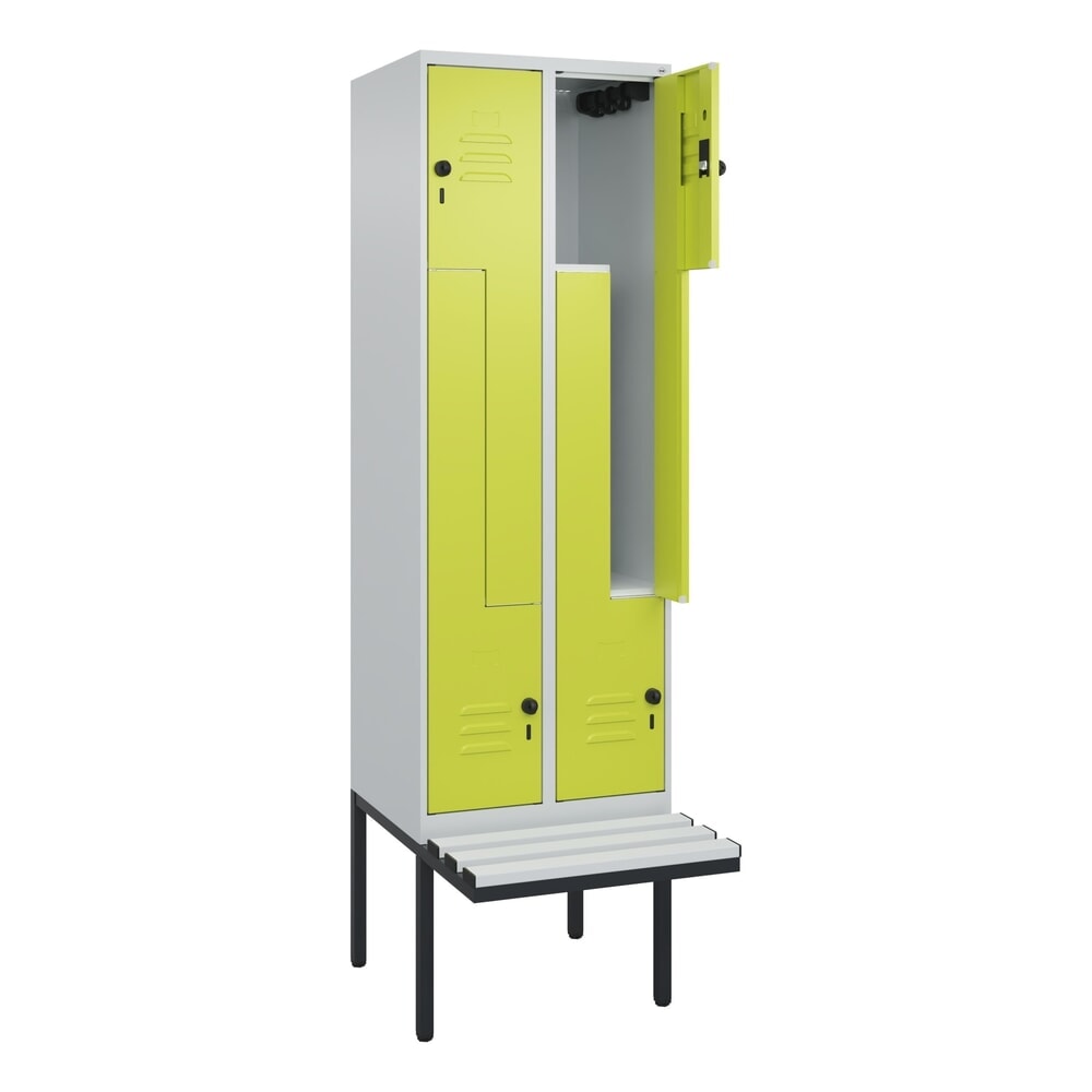 Illustration du produit: C+P Z-Spind Classic PLUS, 4 Abteile, HxBxT 2.120 x 600 x 815 mm, für Vorhängeschloss, auskragende Bank aus Kunststoff, lichtgrau, clowngrün