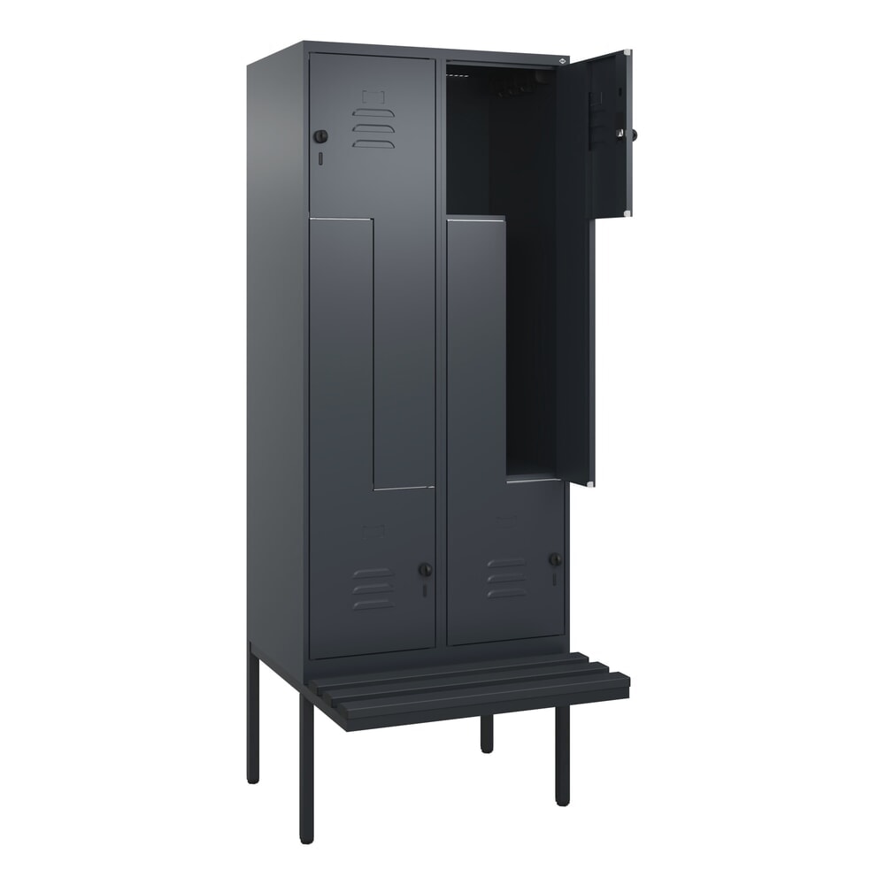 Produktabbildung: C+P Z-Spind Classic PLUS, 4 Abteile, HxBxT 2.120 x 800 x 815 mm, für Vorhängeschloss, auskragende Bank aus Kunststoff, anthrazitgrau, anthrazitgrau