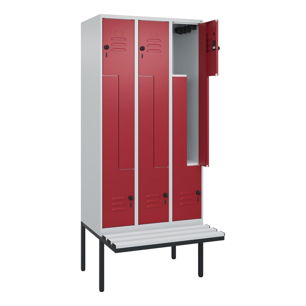 C+P Z-Spind Classic PLUS, 6 Abteile, HxBxT 2.120 x 900 x 815 mm, für Vorhängeschloss, auskragende Bank aus Kunststoff, lichtgrau, rubinrot Produktabbildung Nr. 1: C+P Z-Spind Classic PLUS, 6 Abteile, HxBxT 2.120 x 900 x 815 mm, für Vorhängeschloss, auskragende Bank aus Kunststoff, lichtgrau, rubinrot