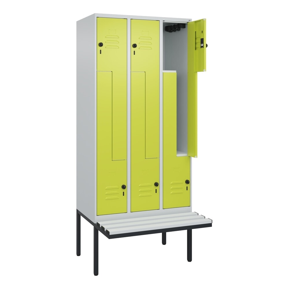 C+P Z-Spind Classic PLUS, 6 Abteile, HxBxT 2.120 x 900 x 815 mm, für Vorhängeschloss, auskragende Bank aus Kunststoff, lichtgrau, clowngrün Produktabbildung Nr. 1: C+P Z-Spind Classic PLUS, 6 Abteile, HxBxT 2.120 x 900 x 815 mm, für Vorhängeschloss, auskragende Bank aus Kunststoff, lichtgrau, clowngrün