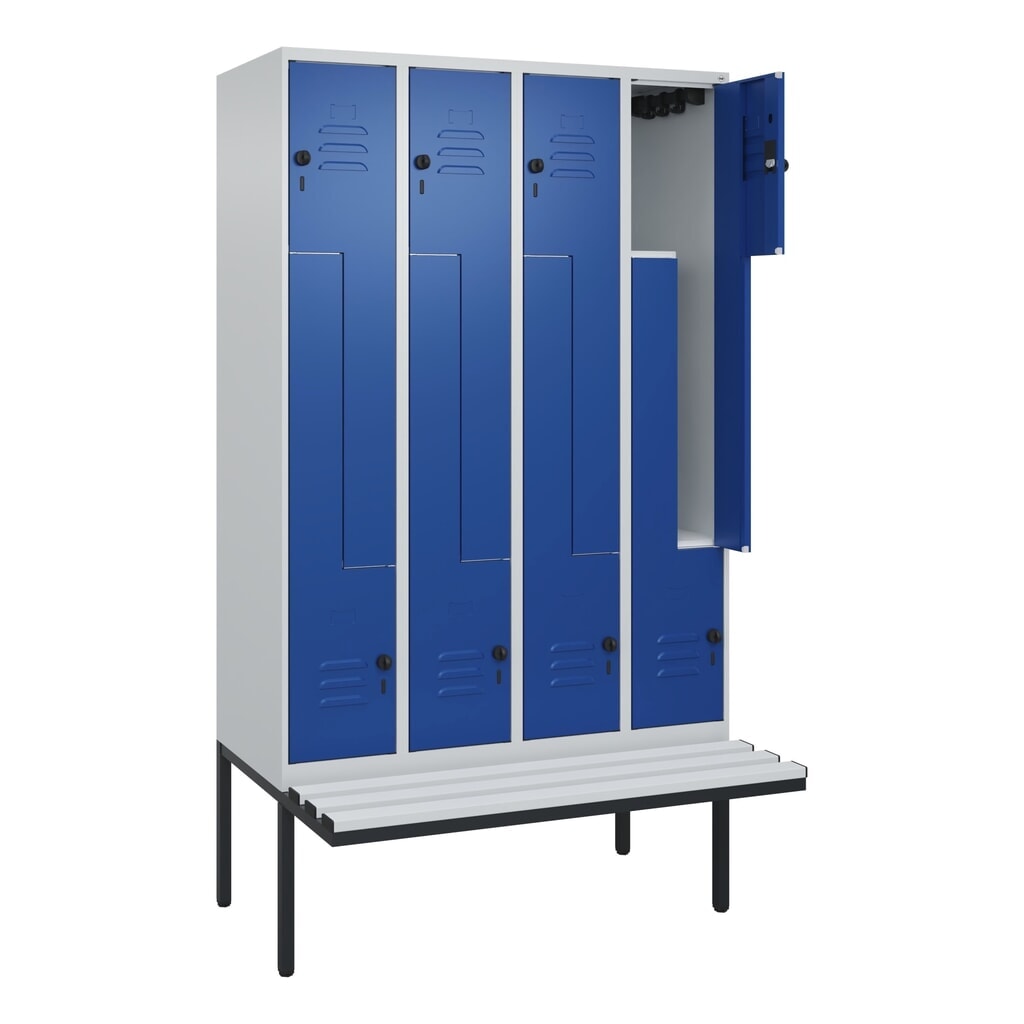 Produktabbildung: C+P Z-Spind Classic PLUS, 8 Abteile, HxBxT 2.120 x 1.200 x 815 mm, für Vorhängeschloss, auskragende Bank aus Kunststoff, lichtgrau, enzianblau