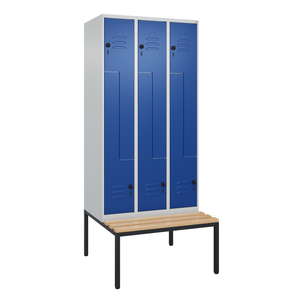 Produktabbildung: C+P Z-Spind Classic PLUS, 6 Abteile, HxBxT 2.120 x 900 x 815 mm, für Vorhängeschloss, untergebaute Bank aus Buche, lichtgrau, enzianblau
