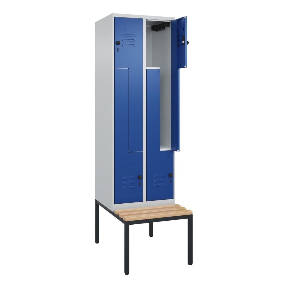 Produktabbildung: C+P Z-Spind Classic PLUS, 4 Abteile, HxBxT 2.120 x 600 x 815 mm, für Vorhängeschloss, untergebaute Bank aus Buche, lichtgrau, enzianblau