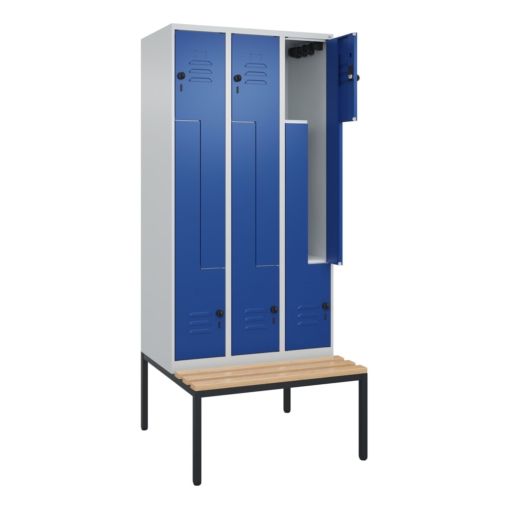 Produktabbildung: C+P Z-Spind Classic PLUS, 6 Abteile, HxBxT 2.120 x 900 x 815 mm, für Vorhängeschloss, untergebaute Bank aus Buche, lichtgrau, enzianblau