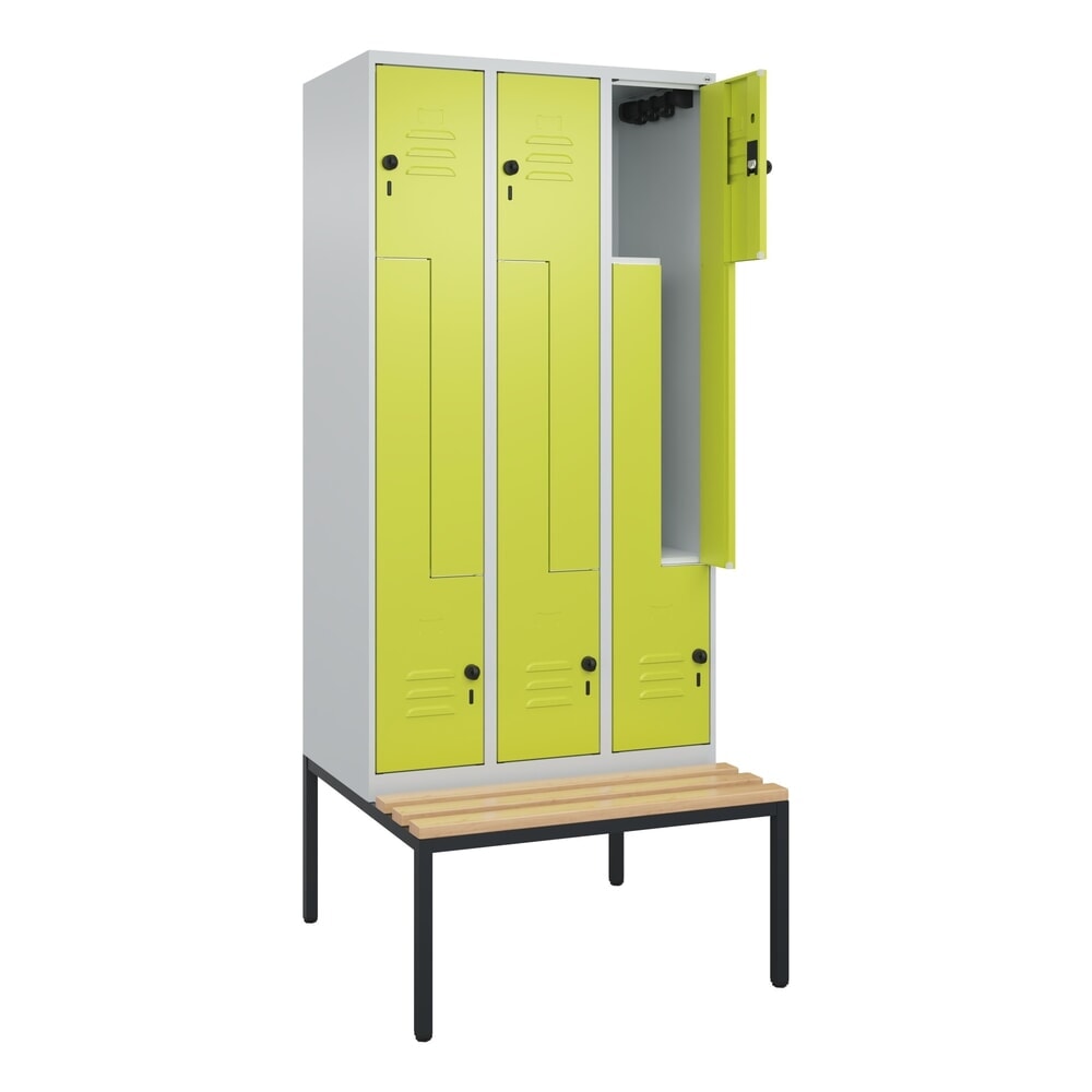 Produktabbildung: C+P Z-Spind Classic PLUS, 6 Abteile, HxBxT 2.120 x 900 x 815 mm, für Vorhängeschloss, untergebaute Bank aus Buche, lichtgrau, clowngrün
